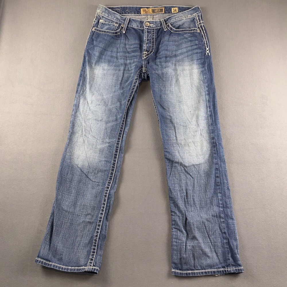 BKE Carter Mens Straight Leg Jeans 34x32 Blue Medium Wash Heavy Stitch Denim